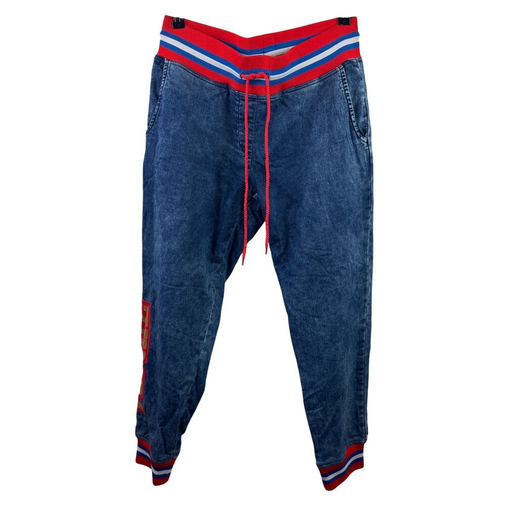 ZUMBA Red Jogger Pants Striped Denim Drawstring High-Rise Pull-On Size Medium M
